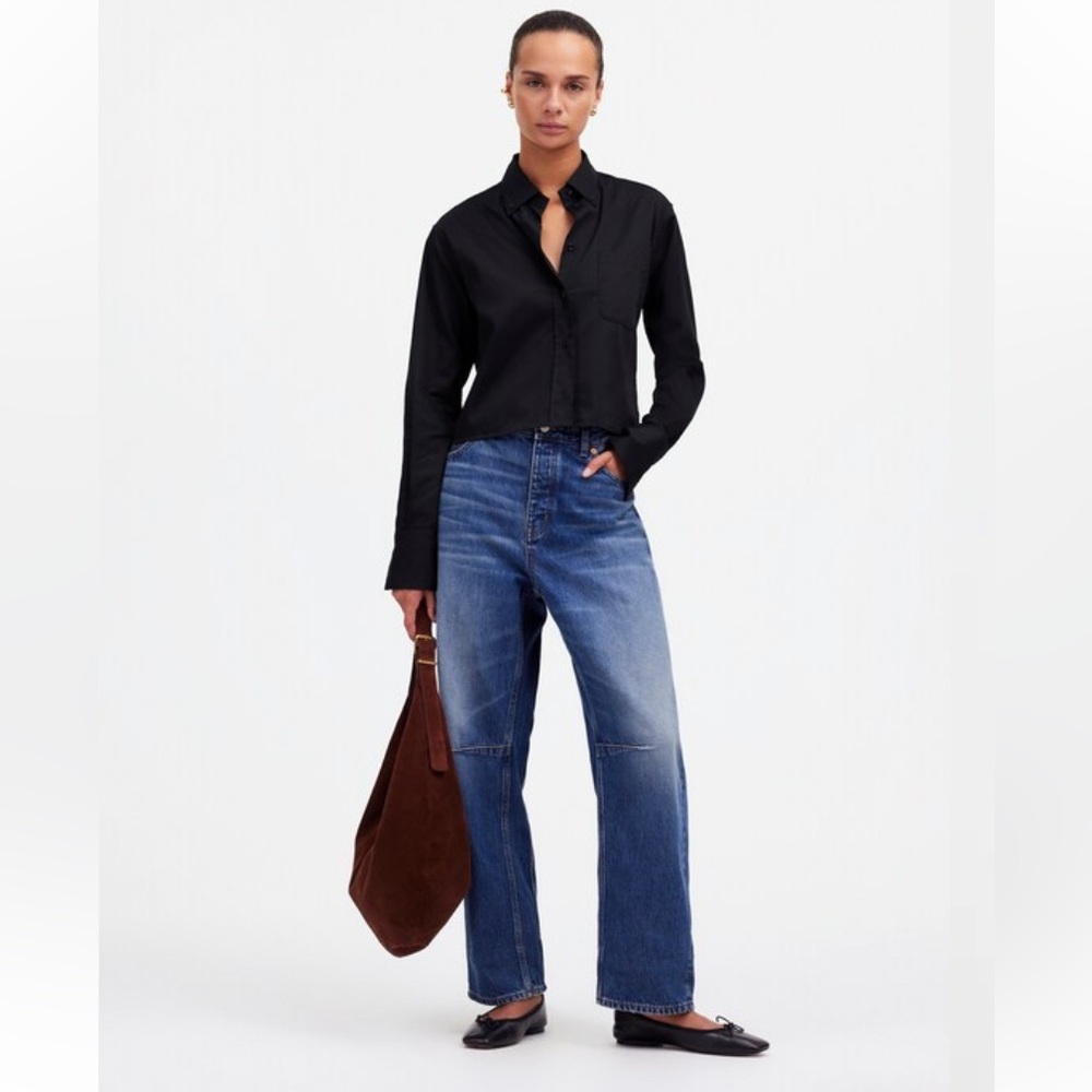 Madewell Black Cropped black button down blouse